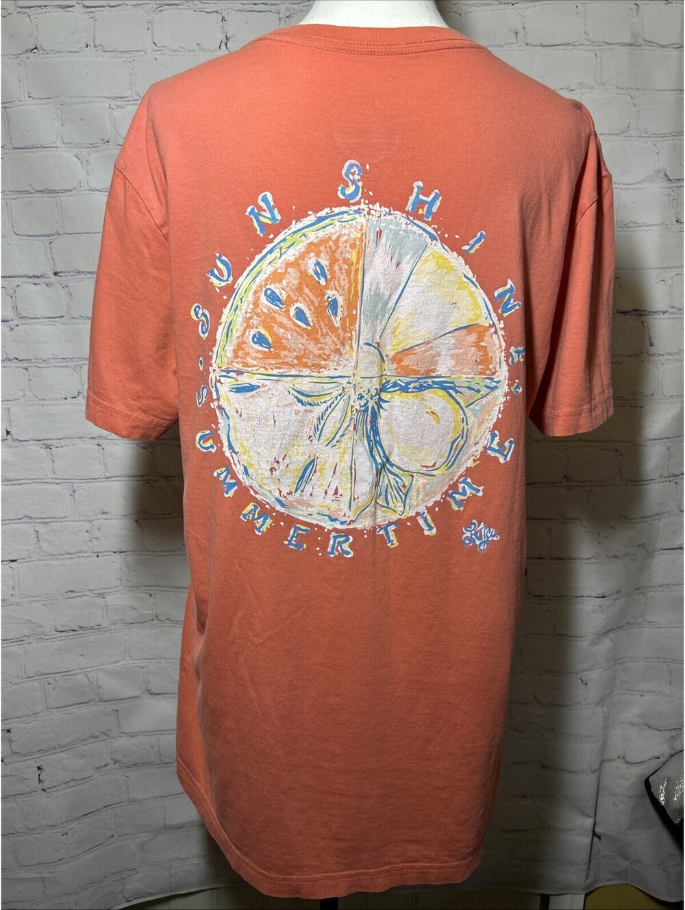 Lauren James Sweet Tea T Shirt Medium Coral Sunshine Summertime Graphic Pocket